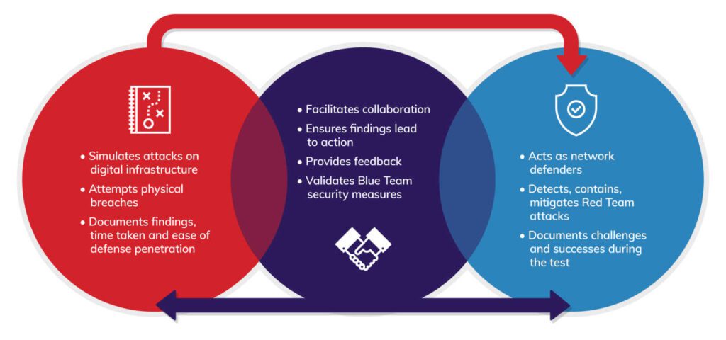 Venn diagram chart relating red team, purple team and blue team cyber testing teams and how they work together.