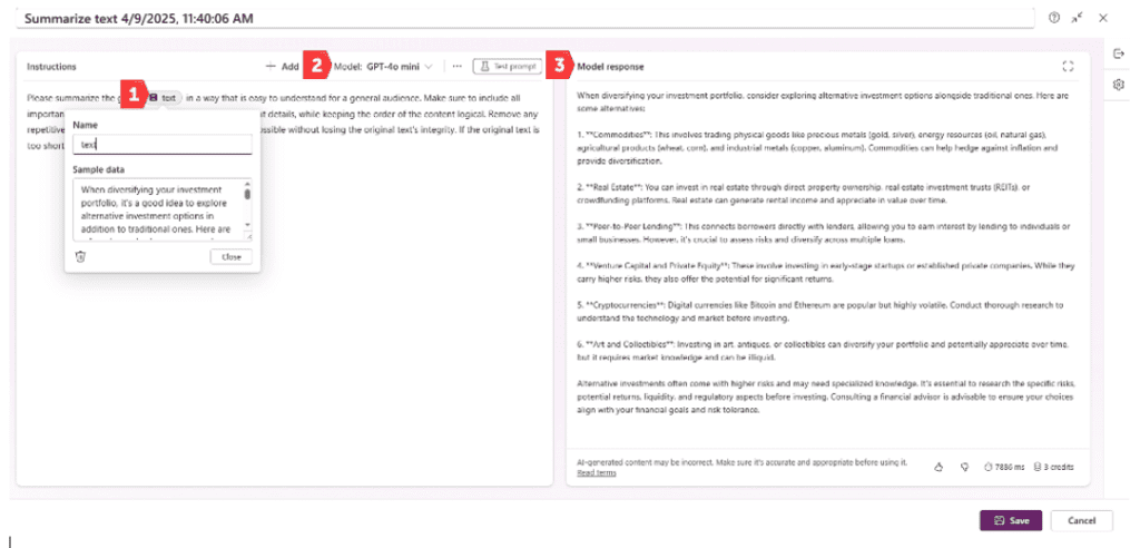 Centric Consulting AI Builder, A model response in the prompt builder.